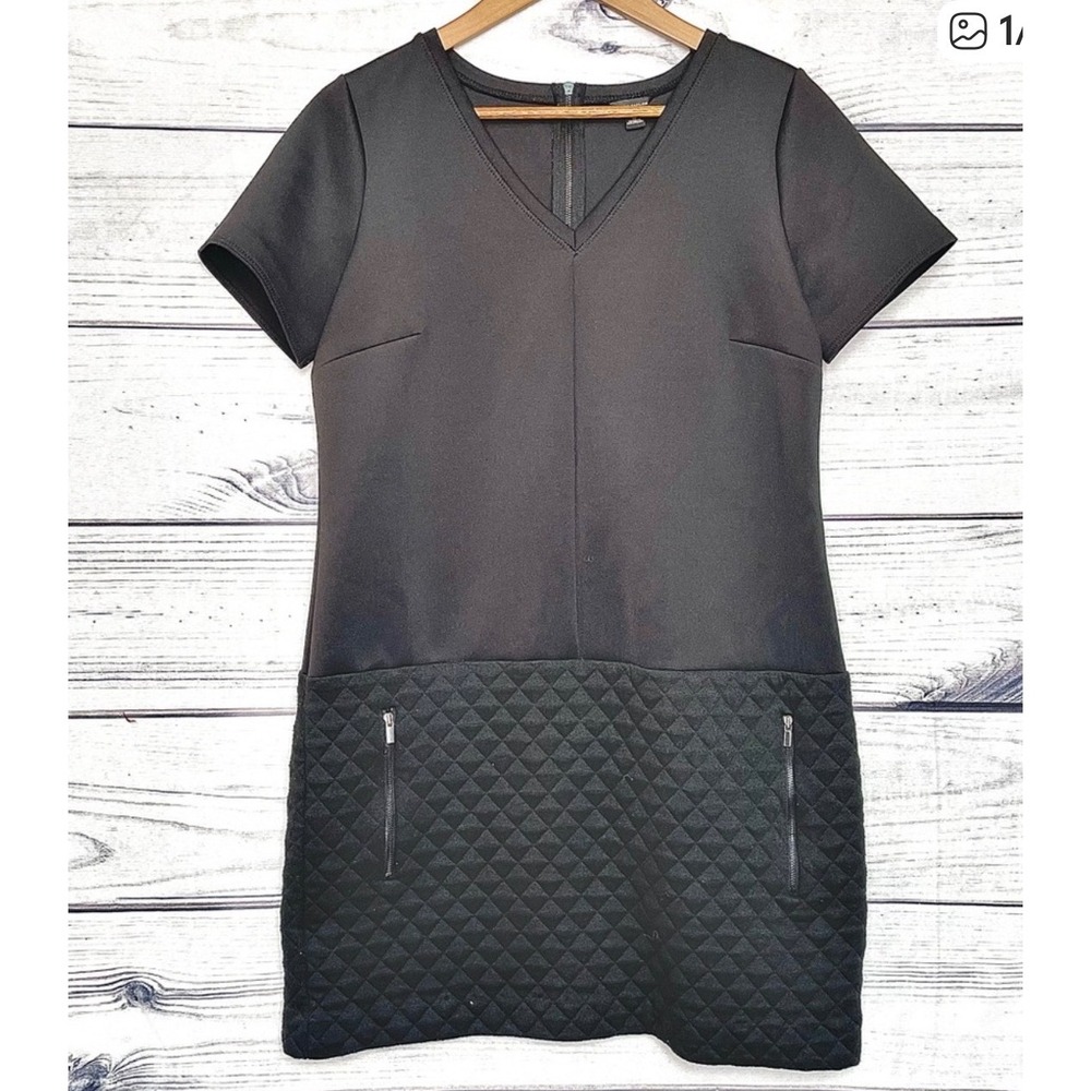 Ann Taylor Black Scuba Quilted Mixed‎ Media Shift Dress V-Neck Size L